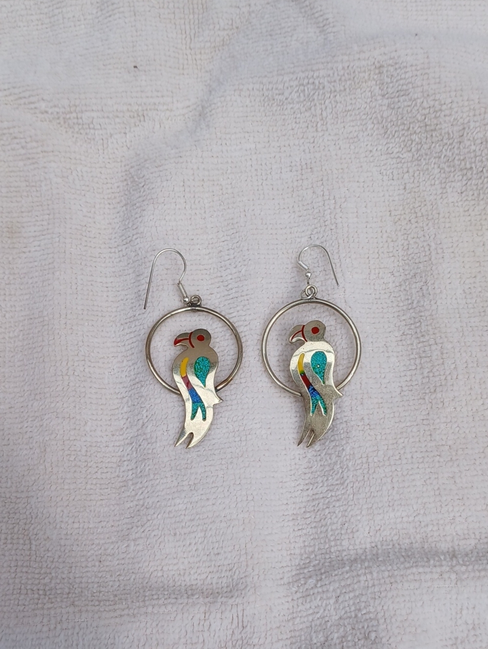 Vintage Mexican Alpaca Silver Enamel & Inlay Earrings - Parrot on a Swing
